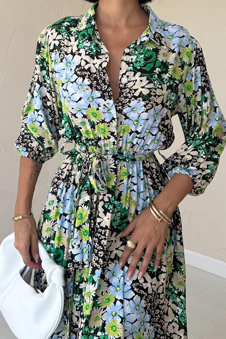 ELS Floral Patterned Belted Dress - Green - Como