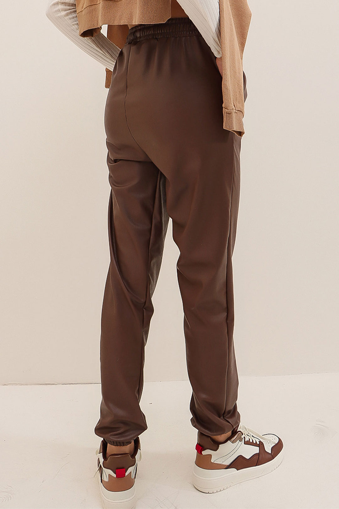 Chocolate Double Pocket High Waist and Cuff Elasticated Faux Leather Pants with Lining BCHYL-251226 - Annandale