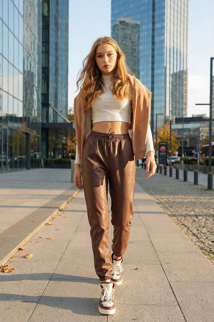 Chocolate Double Pocket High Waist and Cuff Elasticated Faux Leather Pants with Lining BCHYL-251226 - Annandale