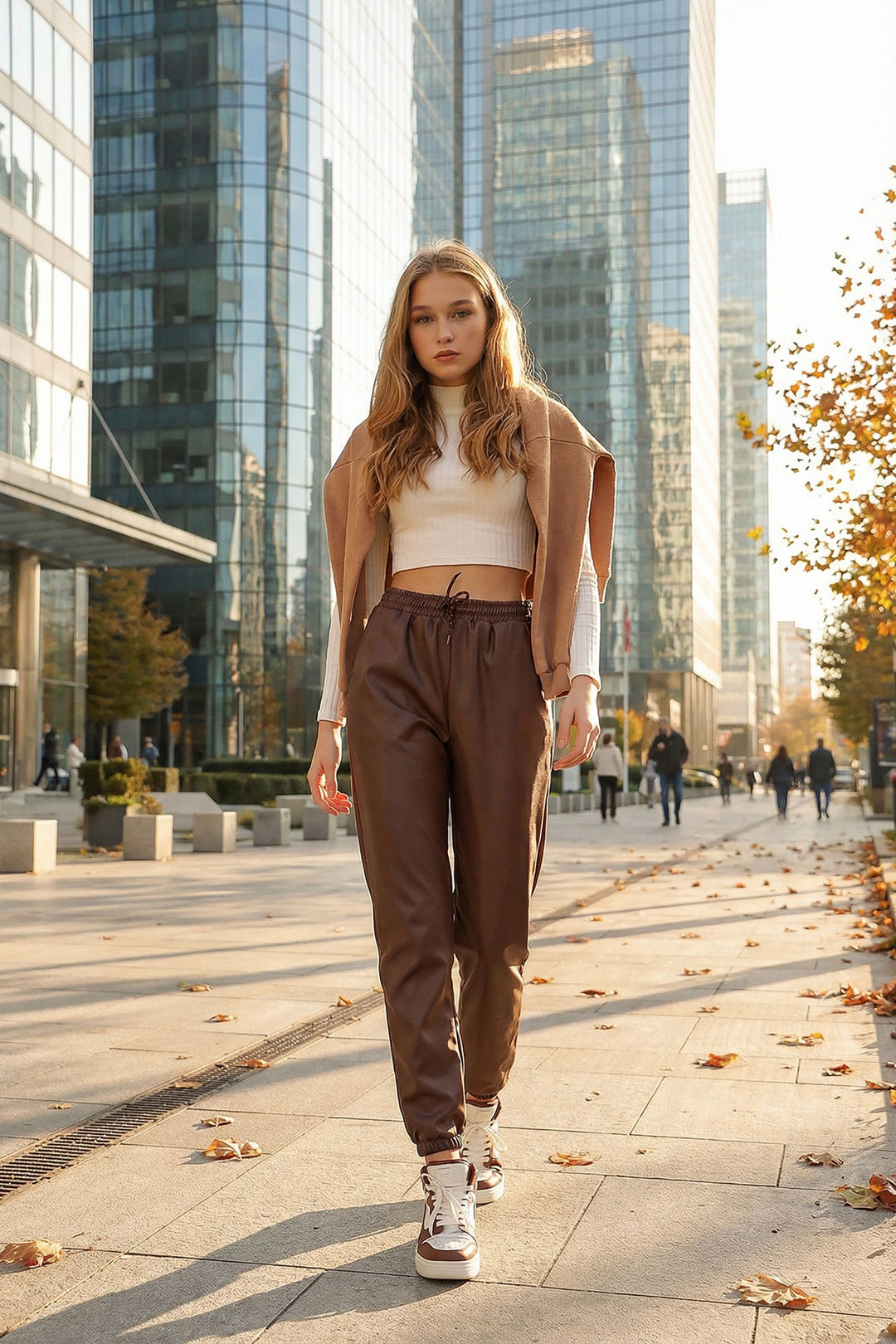 Chocolate Double Pocket High Waist and Cuff Elasticated Faux Leather Pants with Lining BCHYL-251226 - Annandale