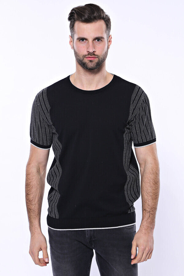 WSS Circle Neck Patterned Black Knitted T-Shirt  - Chetumal