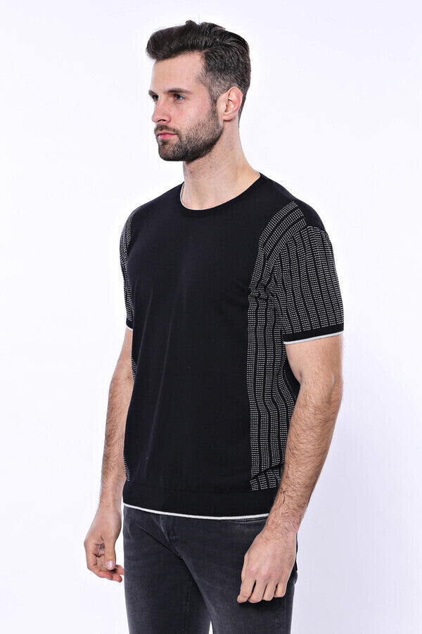 WSS Circle Neck Patterned Black Knitted T-Shirt  - Chetumal