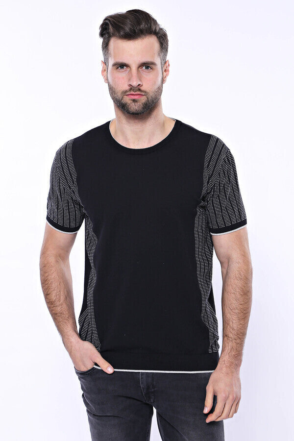 WSS Circle Neck Patterned Black Knitted T-Shirt  - Chetumal