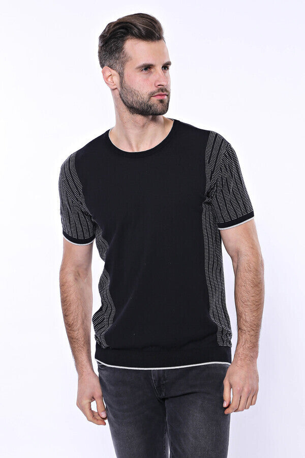 WSS Circle Neck Patterned Black Knitted T-Shirt  - Chetumal