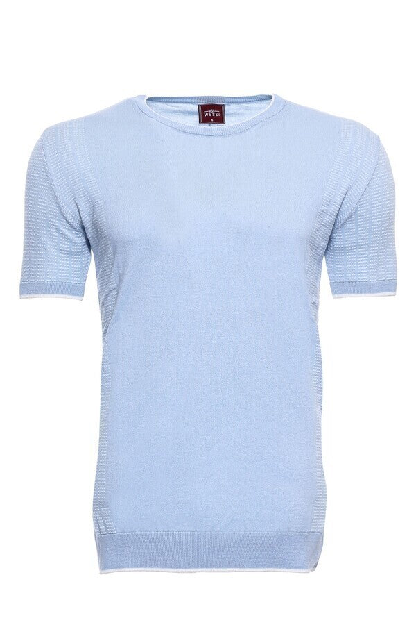WSS Circle Neck Patterned Blue Knitted T-Shirt  - Torre del Greco