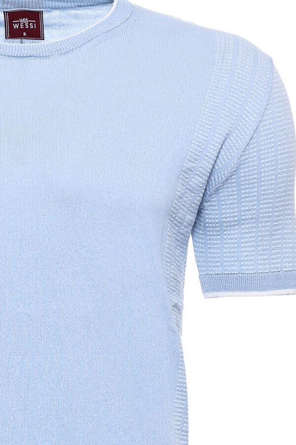 WSS Circle Neck Patterned Blue Knitted T-Shirt  - Torre del Greco