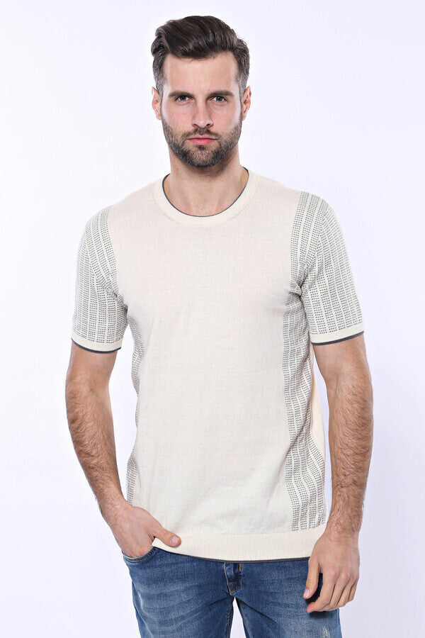 WSS Circle Neck Patterned Cream Knitted T-Shirt  - New Tecumseth