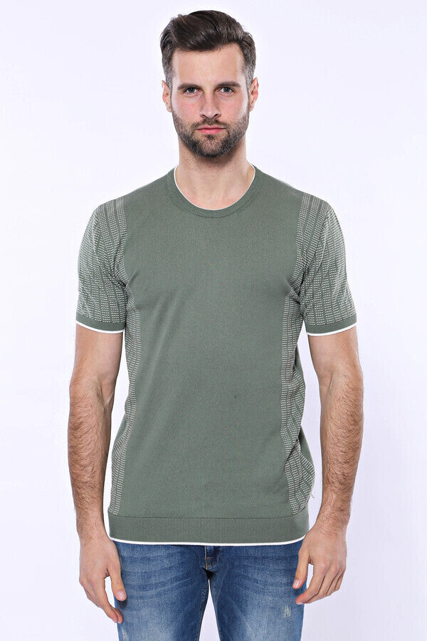 WSS Circle Neck Patterned Green Knitted T-Shirt  - Manchester