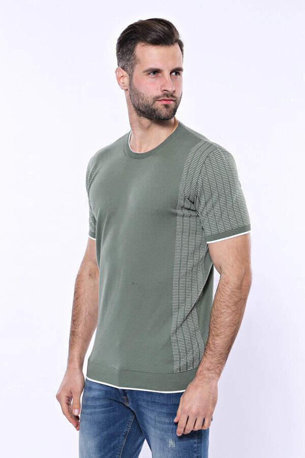 WSS Circle Neck Patterned Green Knitted T-Shirt  - Manchester