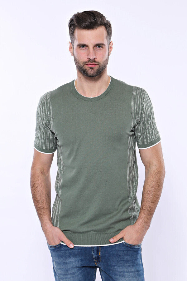 WSS Circle Neck Patterned Green Knitted T-Shirt  - Manchester