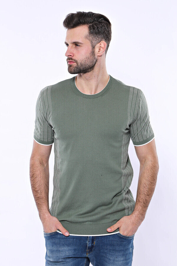 WSS Circle Neck Patterned Green Knitted T-Shirt  - Manchester