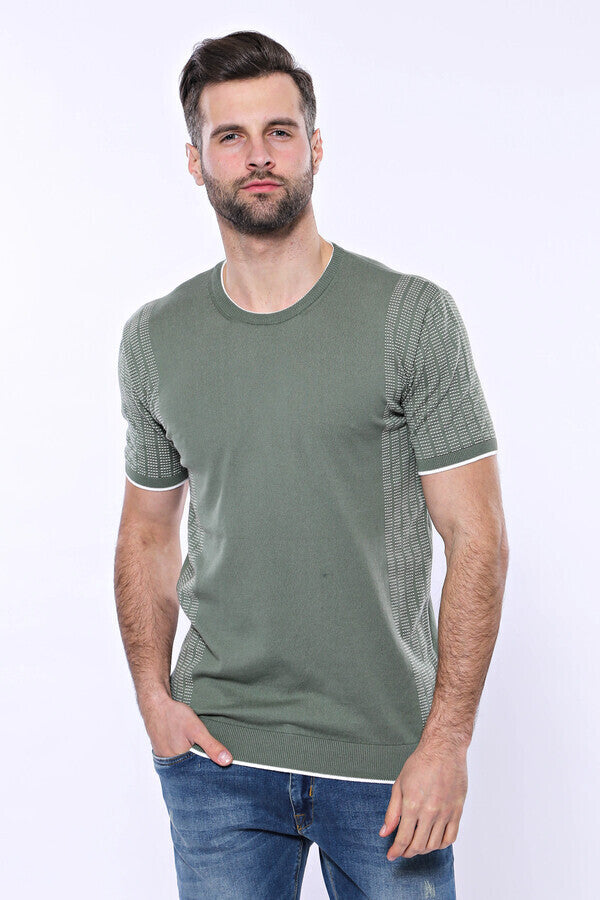 WSS Circle Neck Patterned Green Knitted T-Shirt  - Manchester