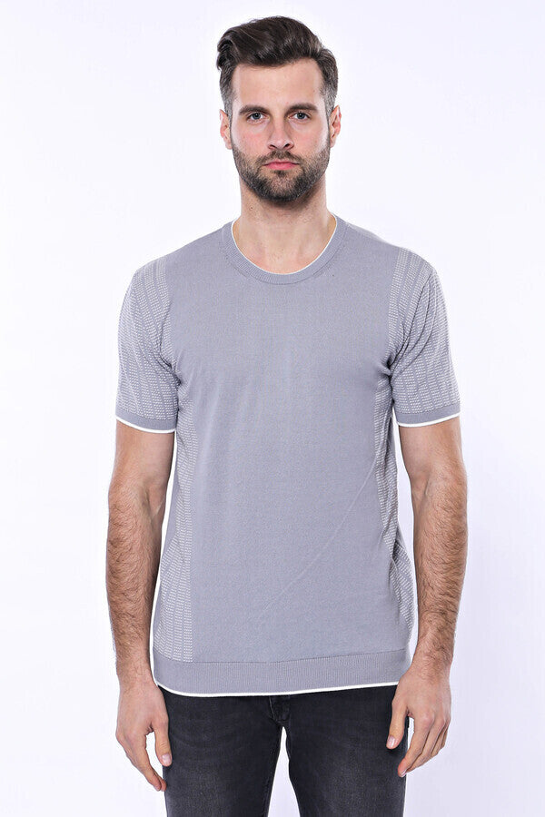 WSS Circle Neck Patterned Grey Knitted T-Shirt  - Altadena