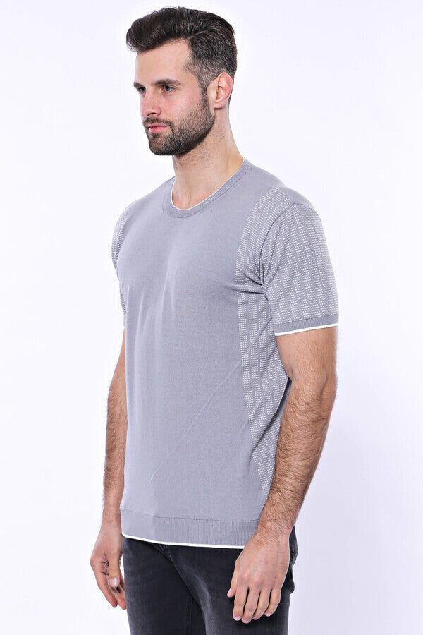 WSS Circle Neck Patterned Grey Knitted T-Shirt  - Altadena