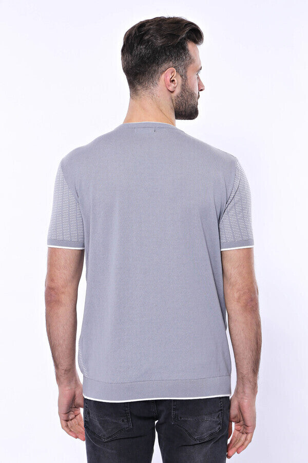 WSS Circle Neck Patterned Grey Knitted T-Shirt  - Altadena