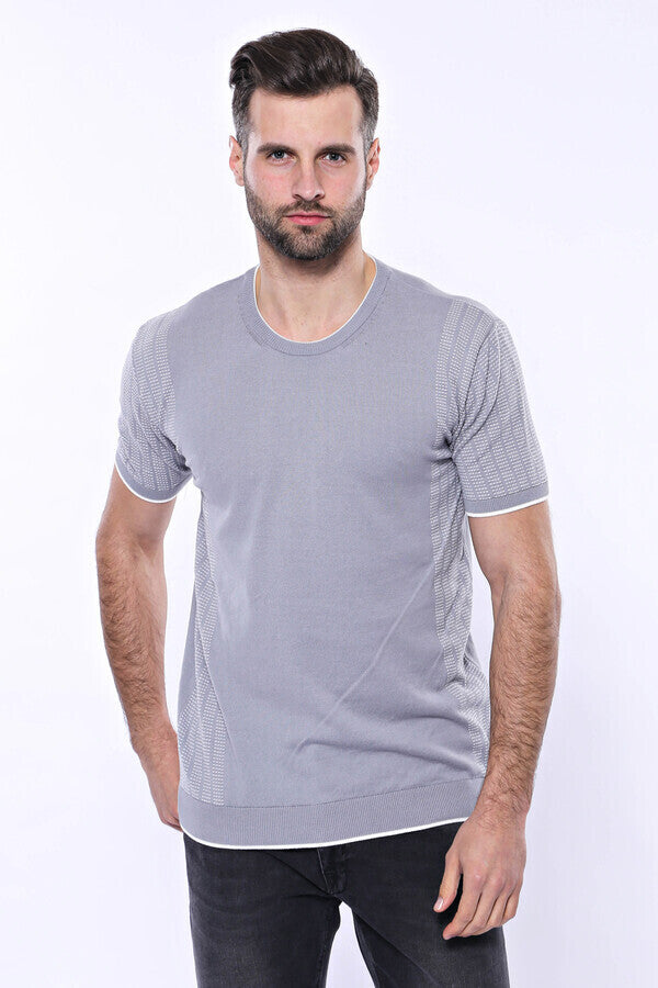 WSS Circle Neck Patterned Grey Knitted T-Shirt  - Altadena
