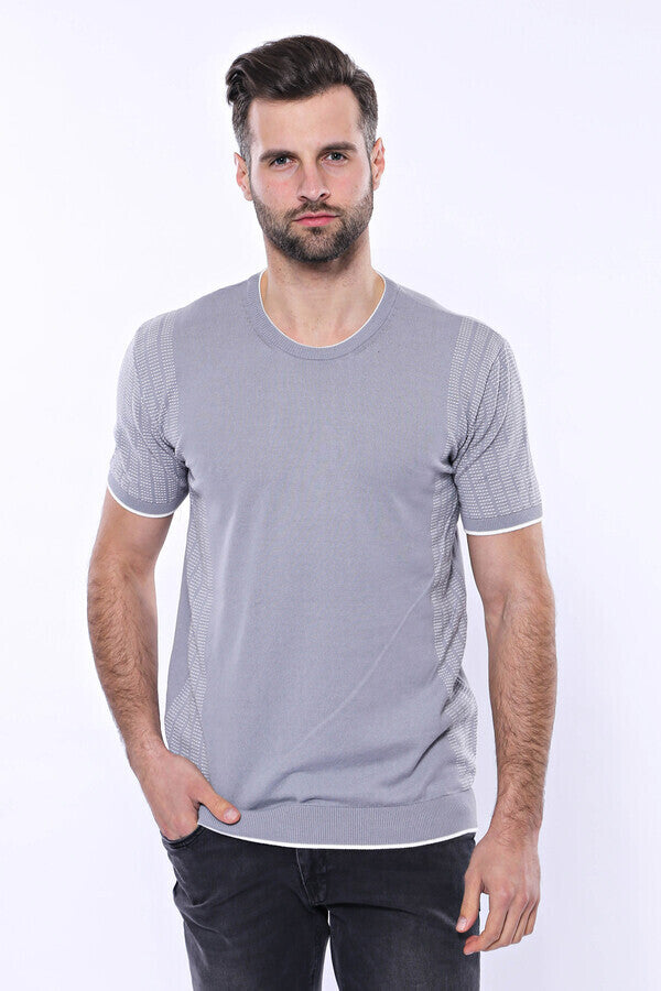 WSS Circle Neck Patterned Grey Knitted T-Shirt  - Altadena