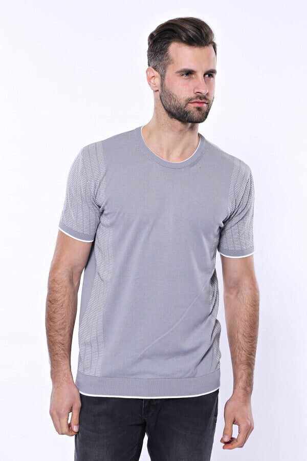 WSS Circle Neck Patterned Grey Knitted T-Shirt  - Altadena