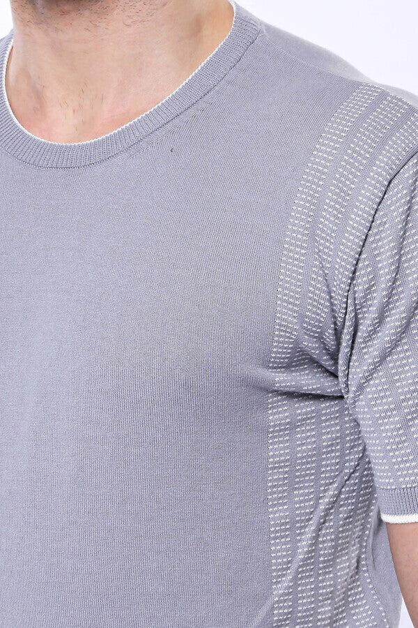 WSS Circle Neck Patterned Grey Knitted T-Shirt  - Altadena