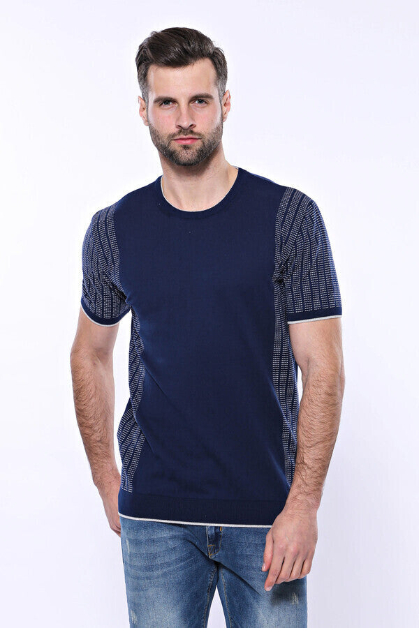 WSS Circle Neck Patterned Navy Knitted T-Shirt  - Skenderaj