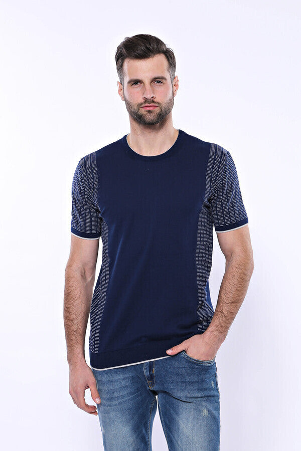 WSS Circle Neck Patterned Navy Knitted T-Shirt  - Skenderaj