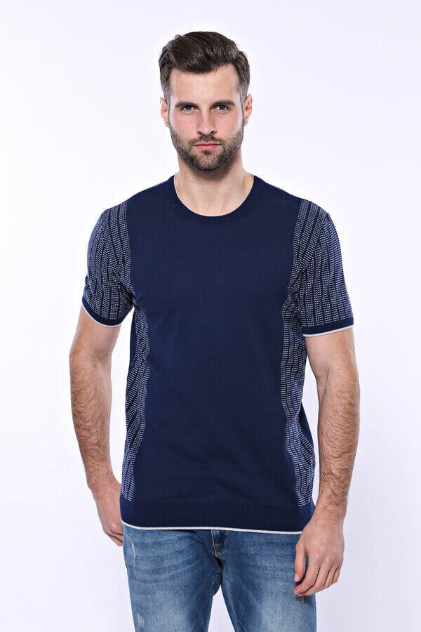 WSS Circle Neck Patterned Navy Knitted T-Shirt  - Skenderaj