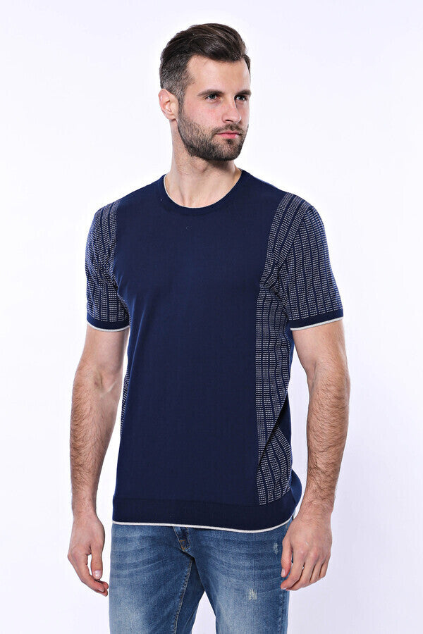 WSS Circle Neck Patterned Navy Knitted T-Shirt  - Singen