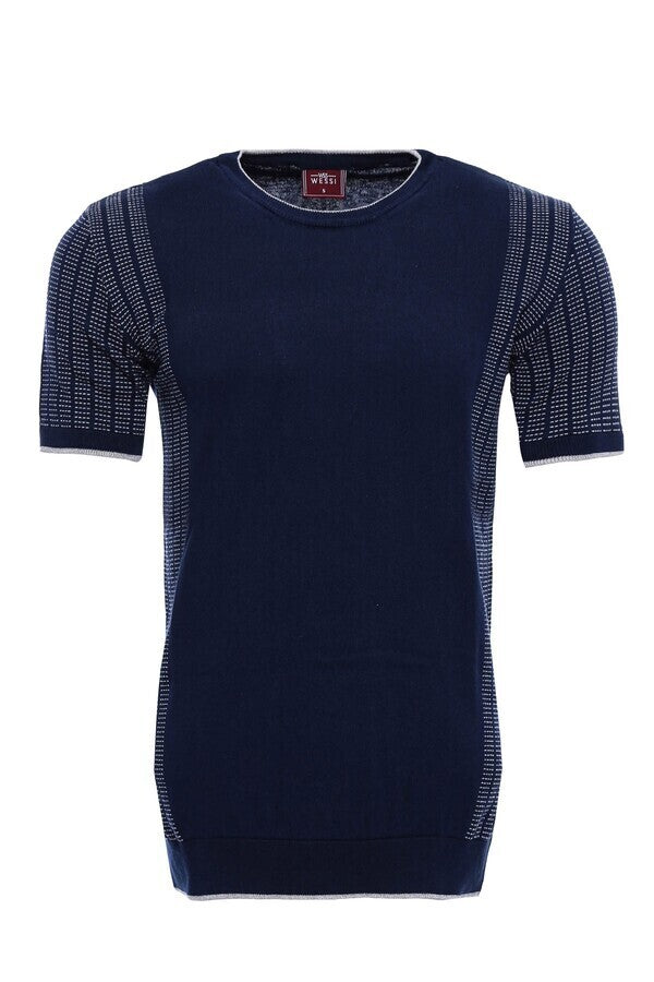 WSS Circle Neck Patterned Navy Knitted T-Shirt  - Singen