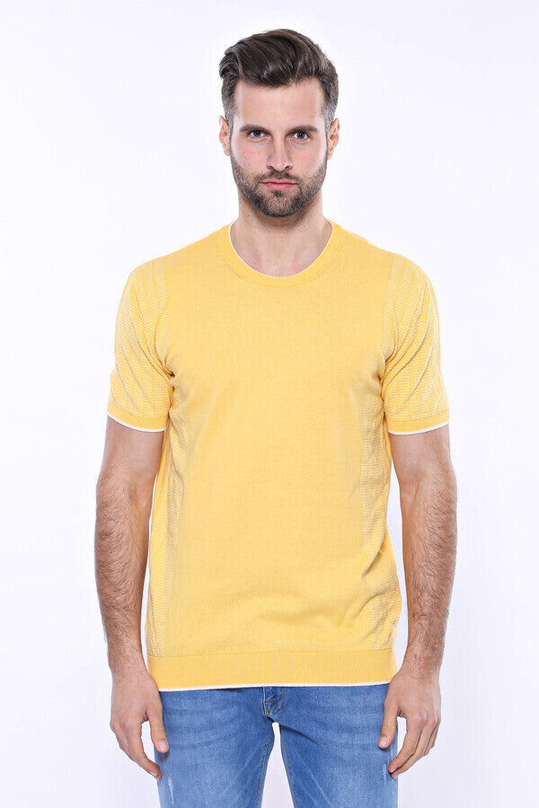 WSS Circle Neck Patterned Yellow Knitted T-Shirt  - Logan