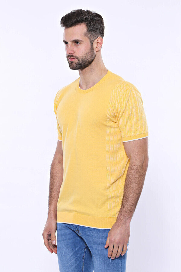 WSS Circle Neck Patterned Yellow Knitted T-Shirt  - Logan