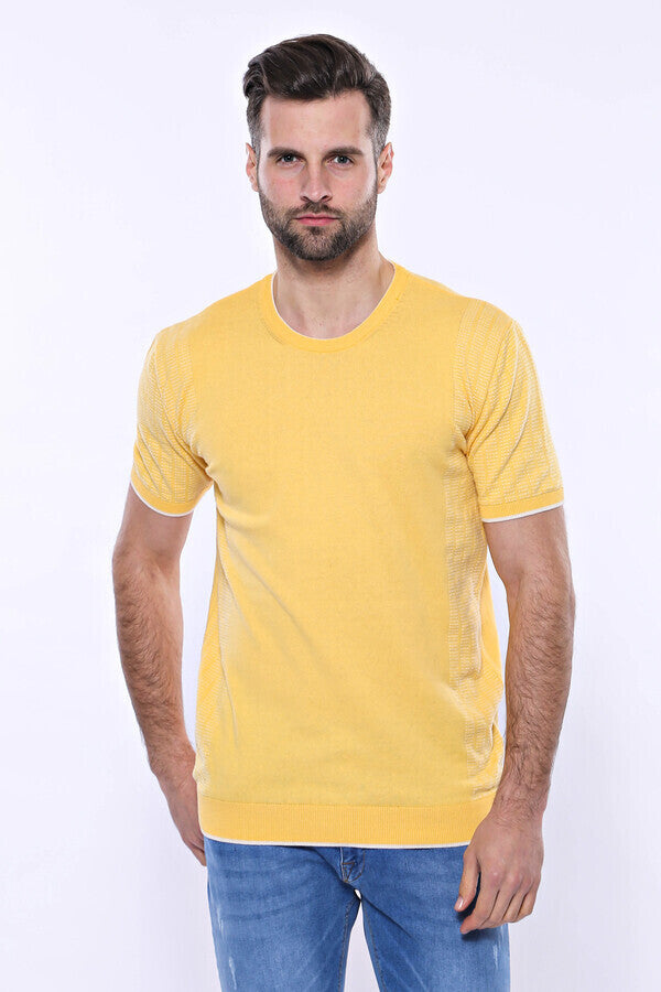 WSS Circle Neck Patterned Yellow Knitted T-Shirt  - Logan