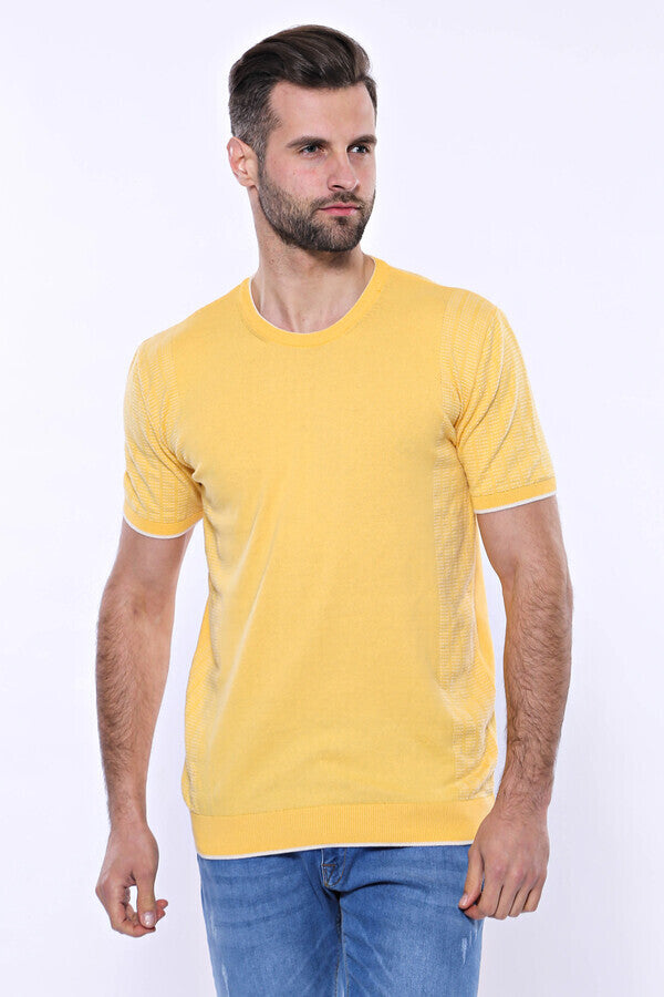 WSS Circle Neck Patterned Yellow Knitted T-Shirt  - Logan