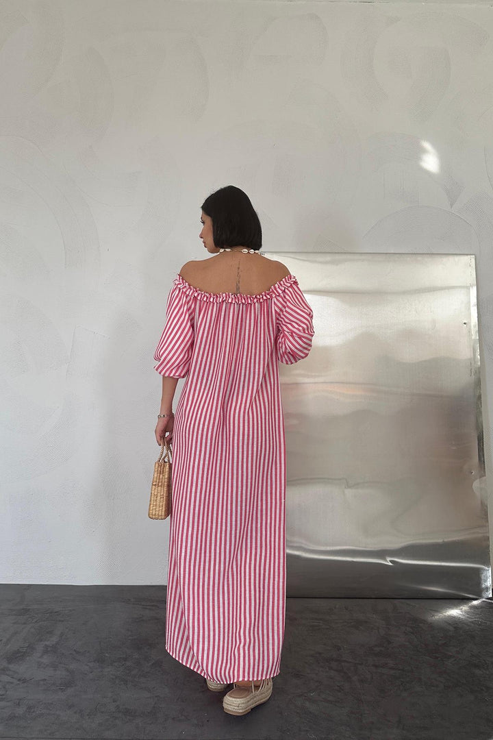ELS Striped Ruffled Dress - Fuchsia - Mazyr
