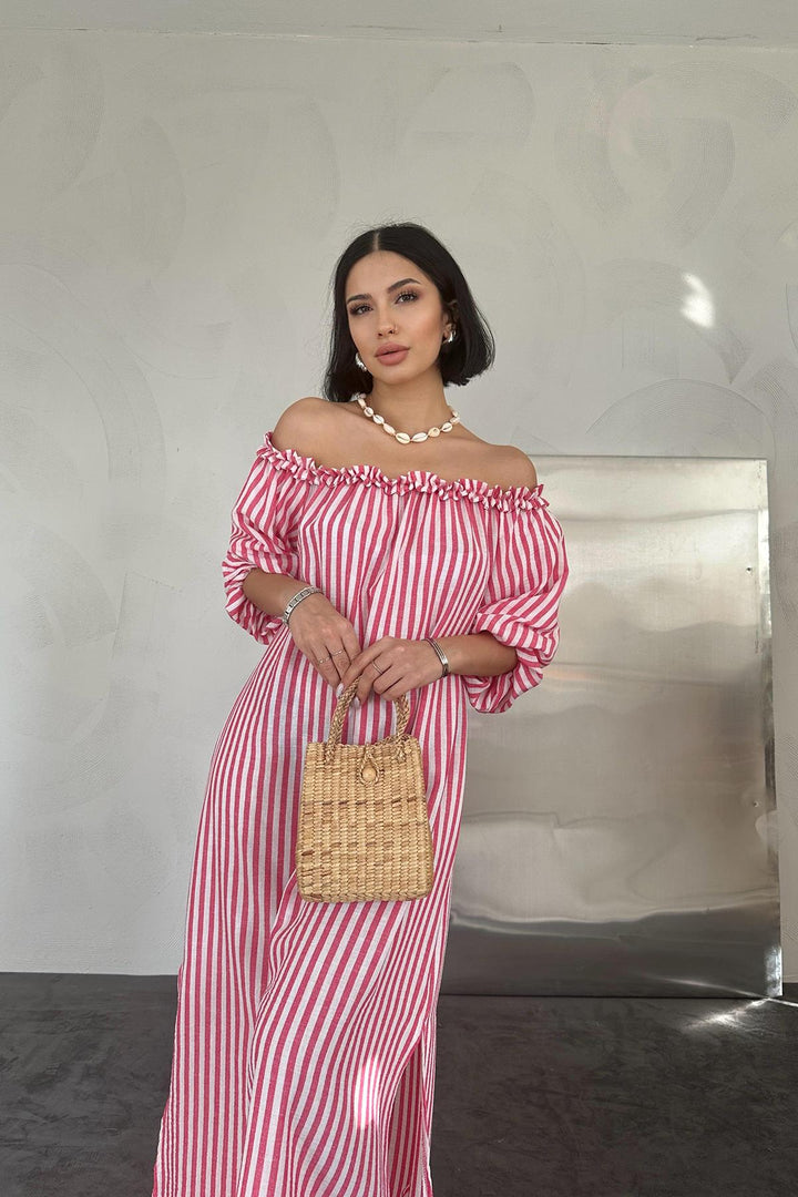 ELS Striped Ruffled Dress - Fuchsia - Mazyr