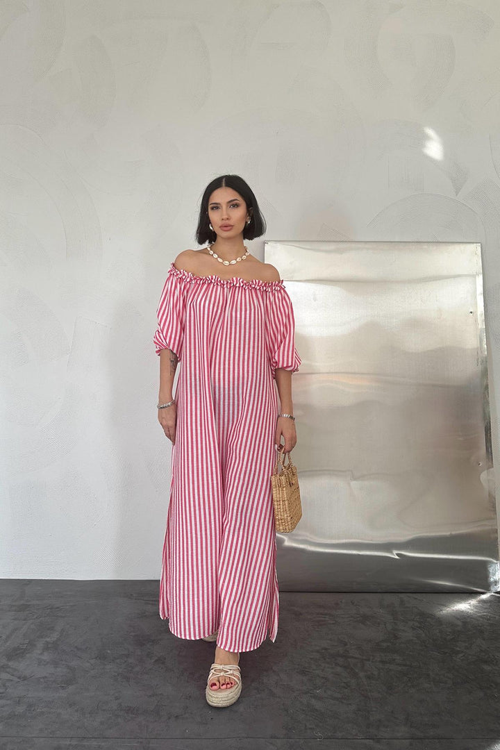 ELS Striped Ruffled Dress - Fuchsia - Mazyr