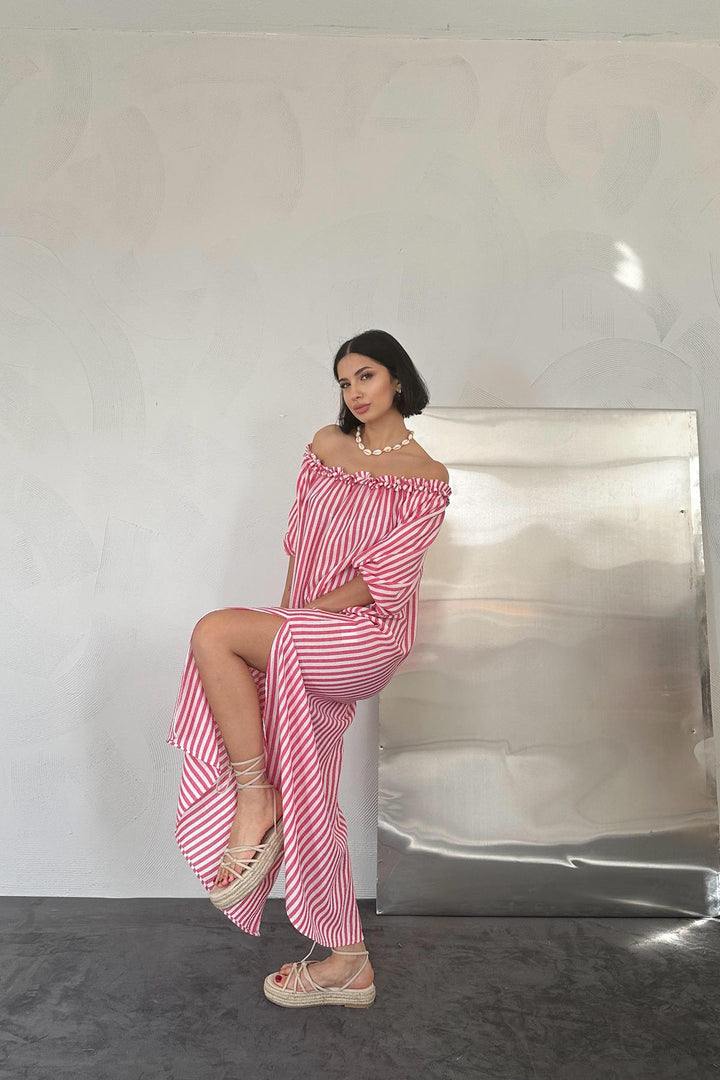 ELS Striped Ruffled Dress - Fuchsia - Mazyr