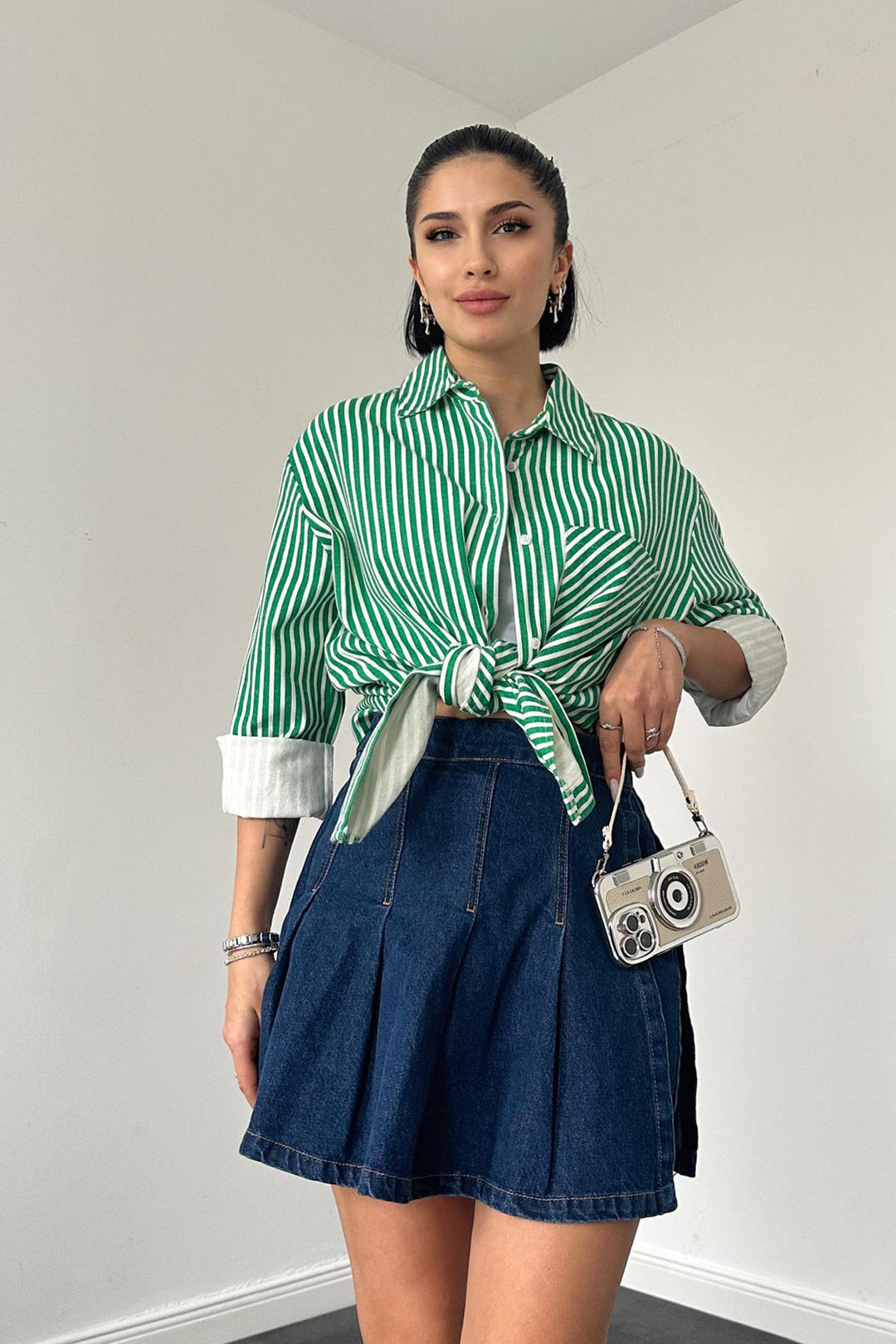 ELS Striped Gabardine Shirt with Slit Pocket - Green - Aubervilliers