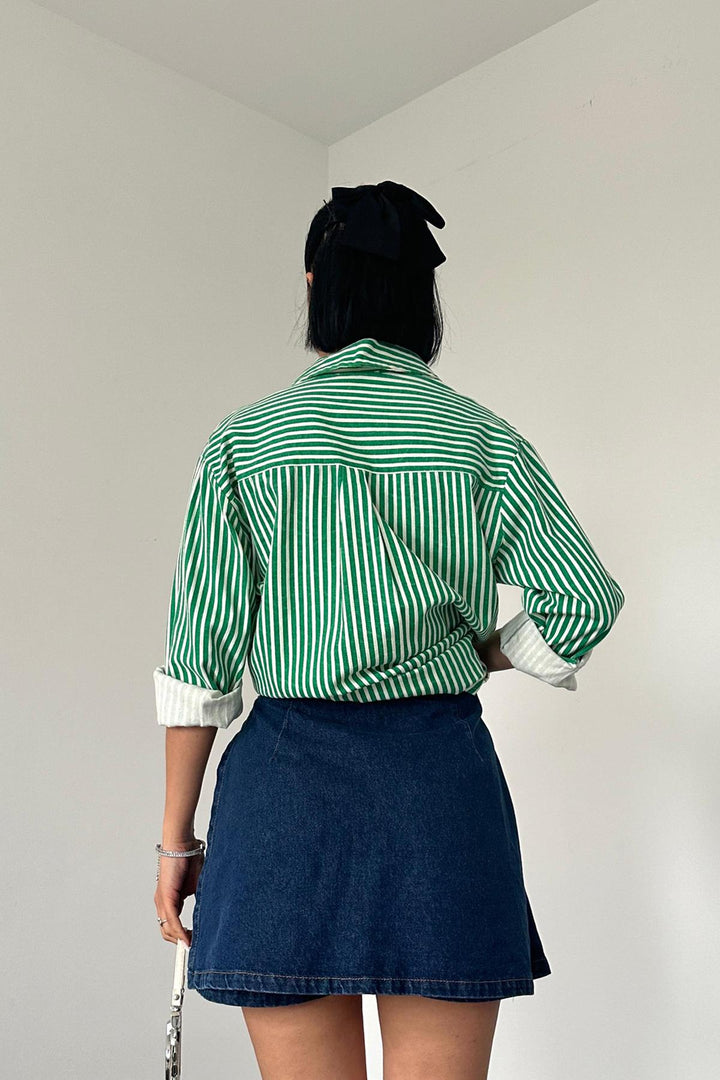 ELS Striped Gabardine Shirt with Slit Pocket - Green - Aubervilliers