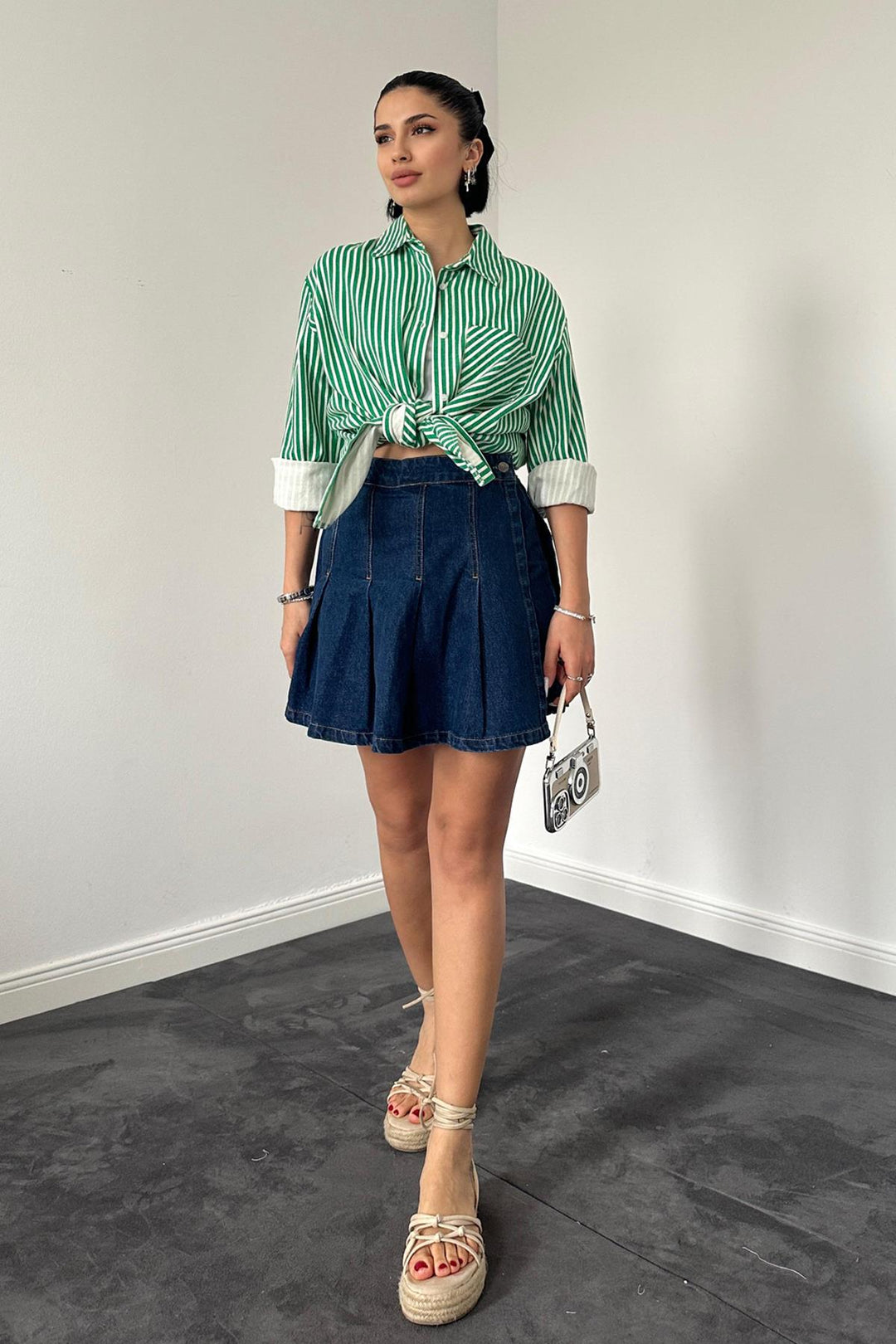 ELS Striped Gabardine Shirt with Slit Pocket - Green - Aubervilliers