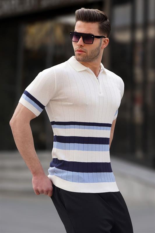 MDX Striped Knit White Polo Neck T-shirt 6356 - Cedar Rapids