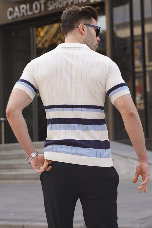 MDX Striped Knit White Polo Neck T-shirt 6356 - Cedar Rapids
