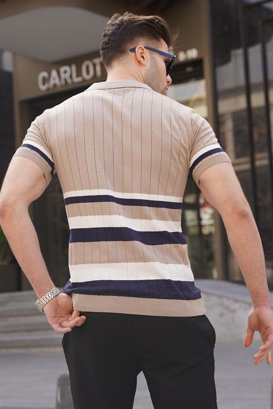 MDX Striped Knit Mink Polo Neck T-shirt 6356 - Évry