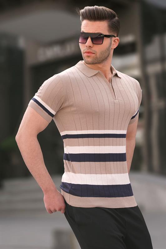 MDX Striped Knit Mink Polo Neck T-shirt 6356 - Évry