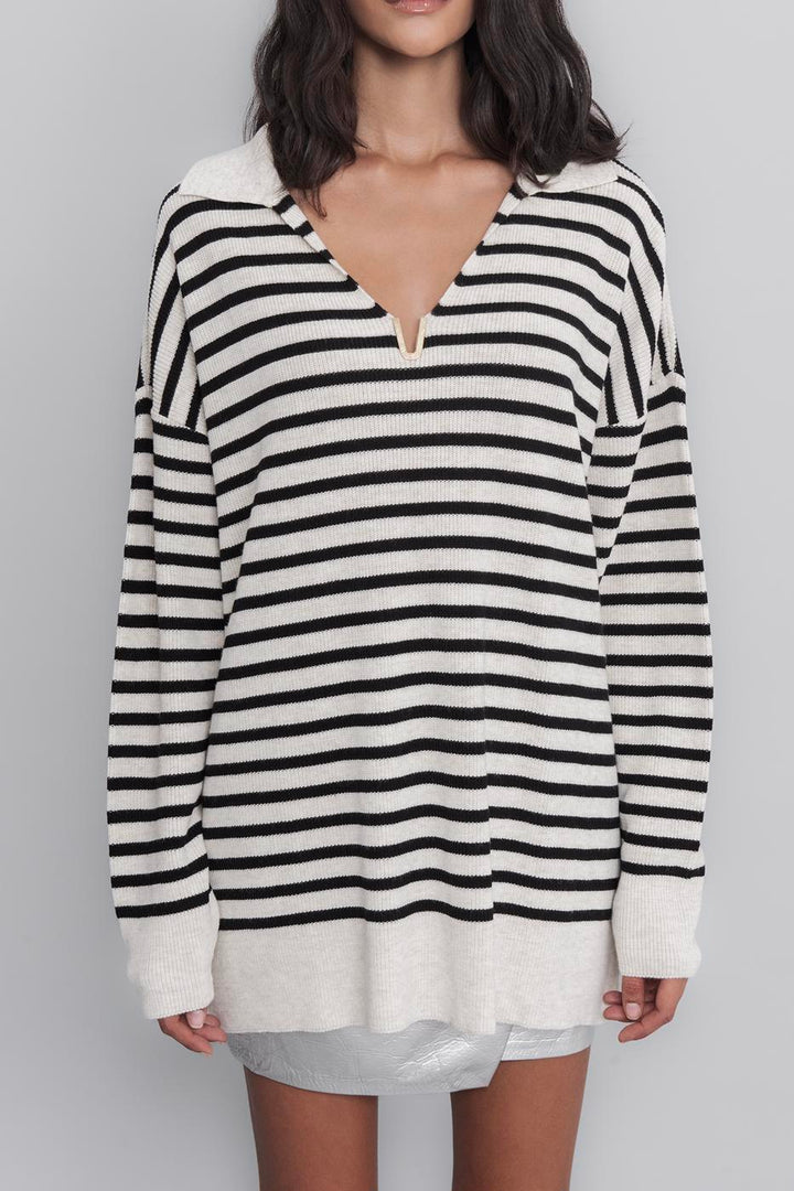 BSL Women Striped Collared Knit Pullover - Huebampo