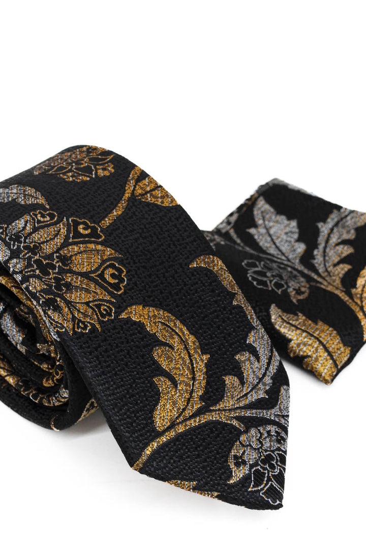 WSS Black and Gold Patterned Tie and Pocket Square Set  - Richmond