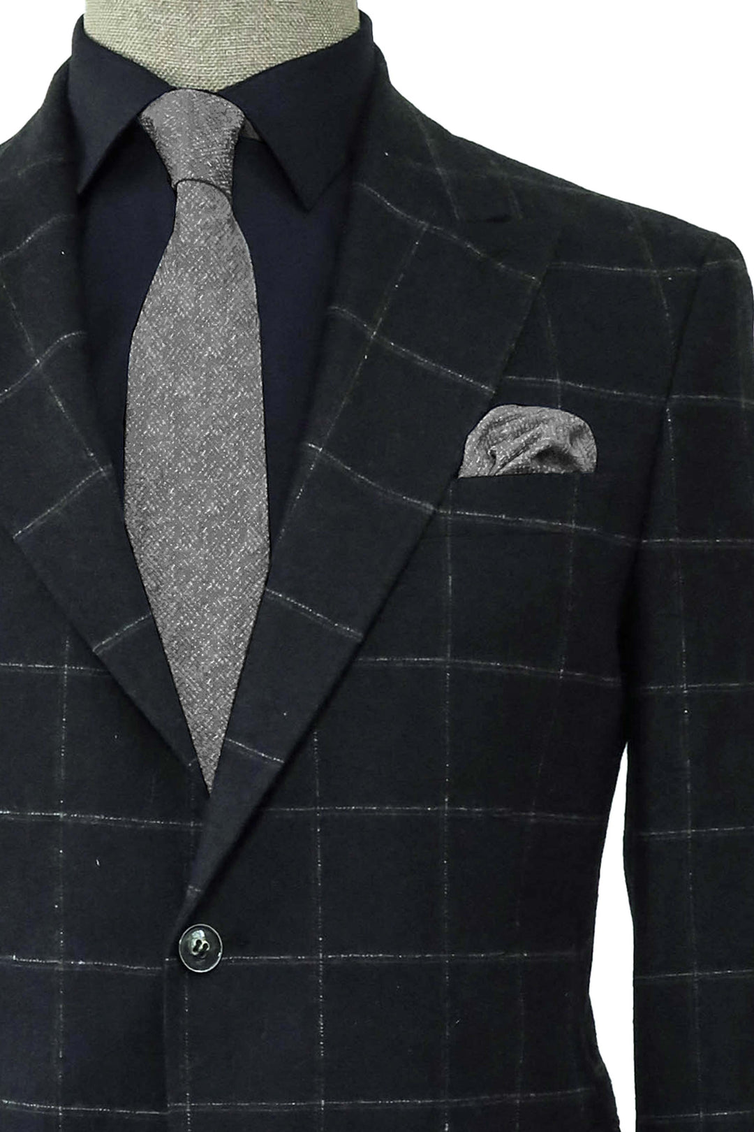 WSS Black Checkered Blazer, Black Shirt, Gray Trousers, and Textured Tie Combination - Prestigious Men's Fashion  - Las Palmas
