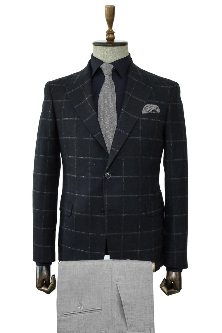 WSS Black Checkered Blazer, Black Shirt, Gray Trousers, and Textured Tie Combination - Prestigious Men's Fashion  - Las Palmas