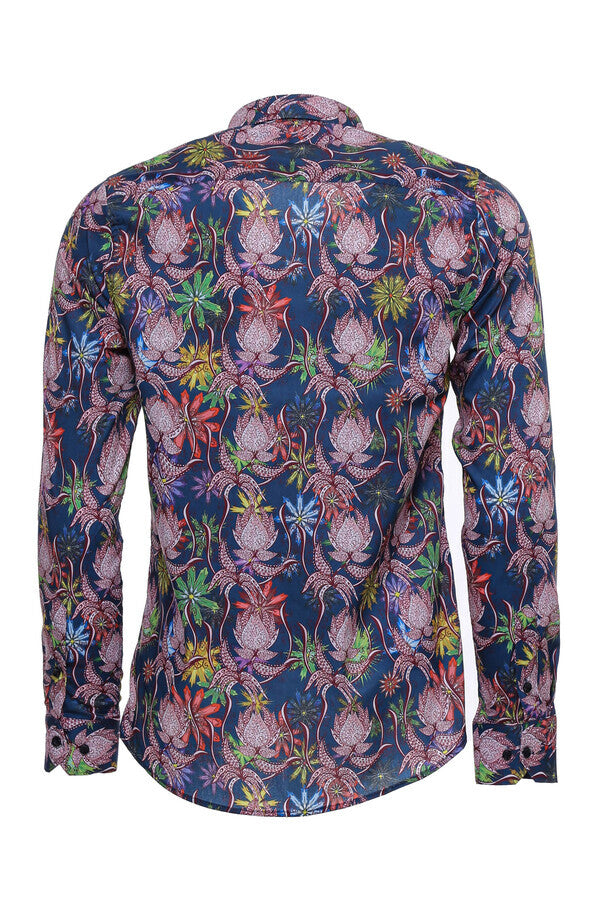 WSS Colorful Floral Patterned Slim Fit Long Sleeves Navy Blue Men Shirt  - Greenburgh