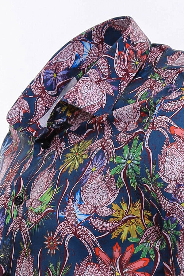 WSS Colorful Floral Patterned Slim Fit Long Sleeves Navy Blue Men Shirt  - Greenburgh