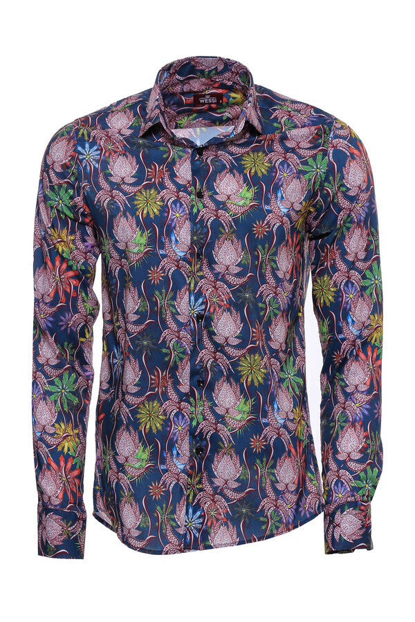 WSS Colorful Floral Patterned Slim Fit Long Sleeves Navy Blue Men Shirt  - Greenburgh